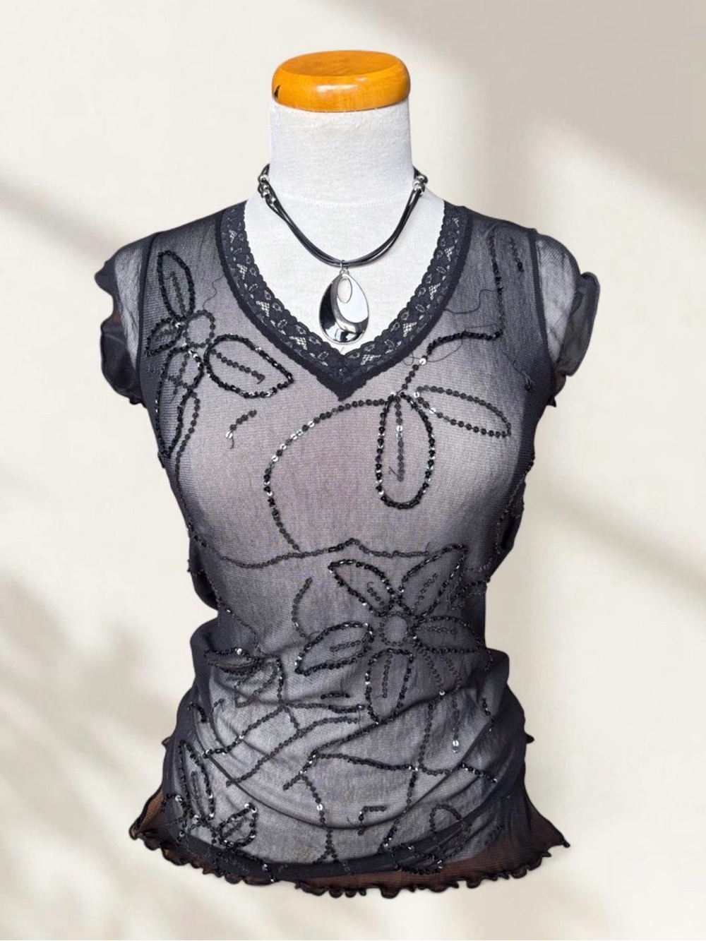 Black Sheer Sequin Floral V-Neck Short Sleeve Tee